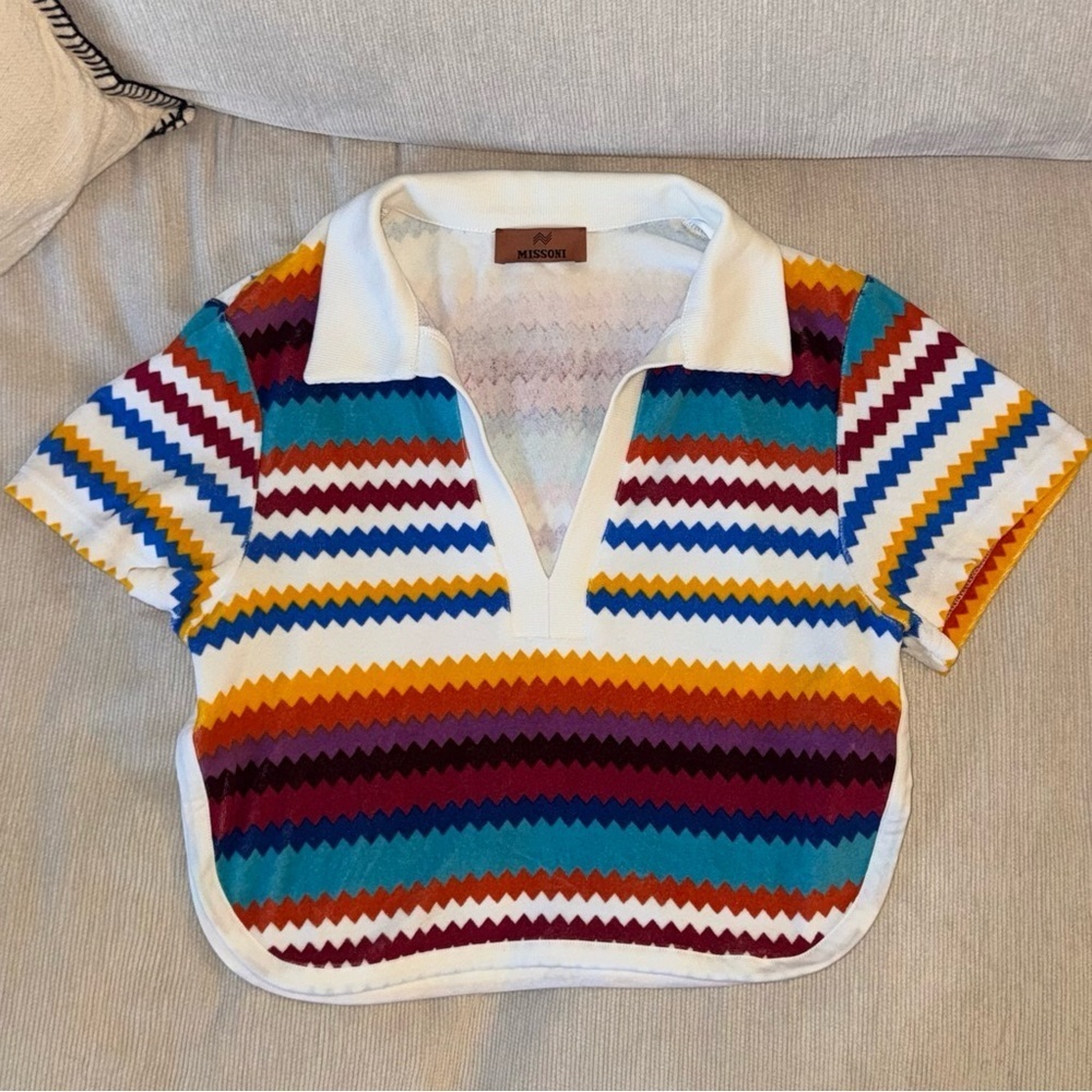 Missoni ZigZag Crop Shirt Top Small Multicolor Terry Towel Chevron IT40 White